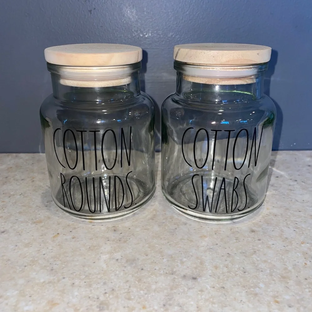 Rae Dunn Vanity Set Glass Wood Jar Containers Cotton Swabs Cotton Rounds